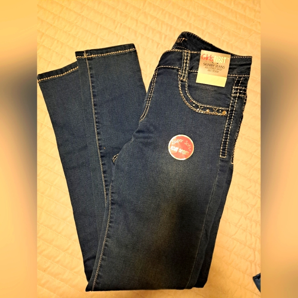 GIRL'S FIRST Jeans KNIT DENIM soft SKINNY JEANS adjustable waist RHINESTONE